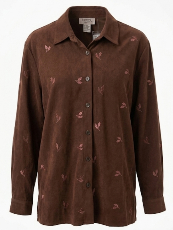 Teddi Tops - Vintage Faux Suede Long Sleeve Button-Up Shirt Women's Medium Embroidered Leaves